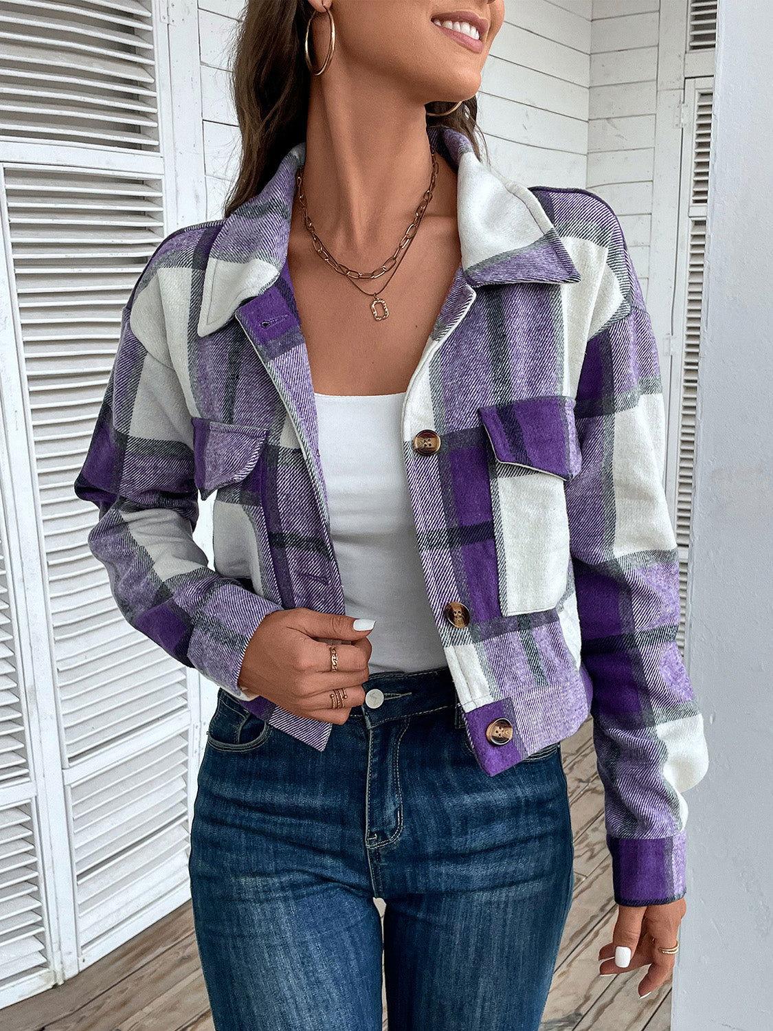 Perfee Plaid Button Up Drop Shoulder Cropped Jacket - Clothes For Her Online Store