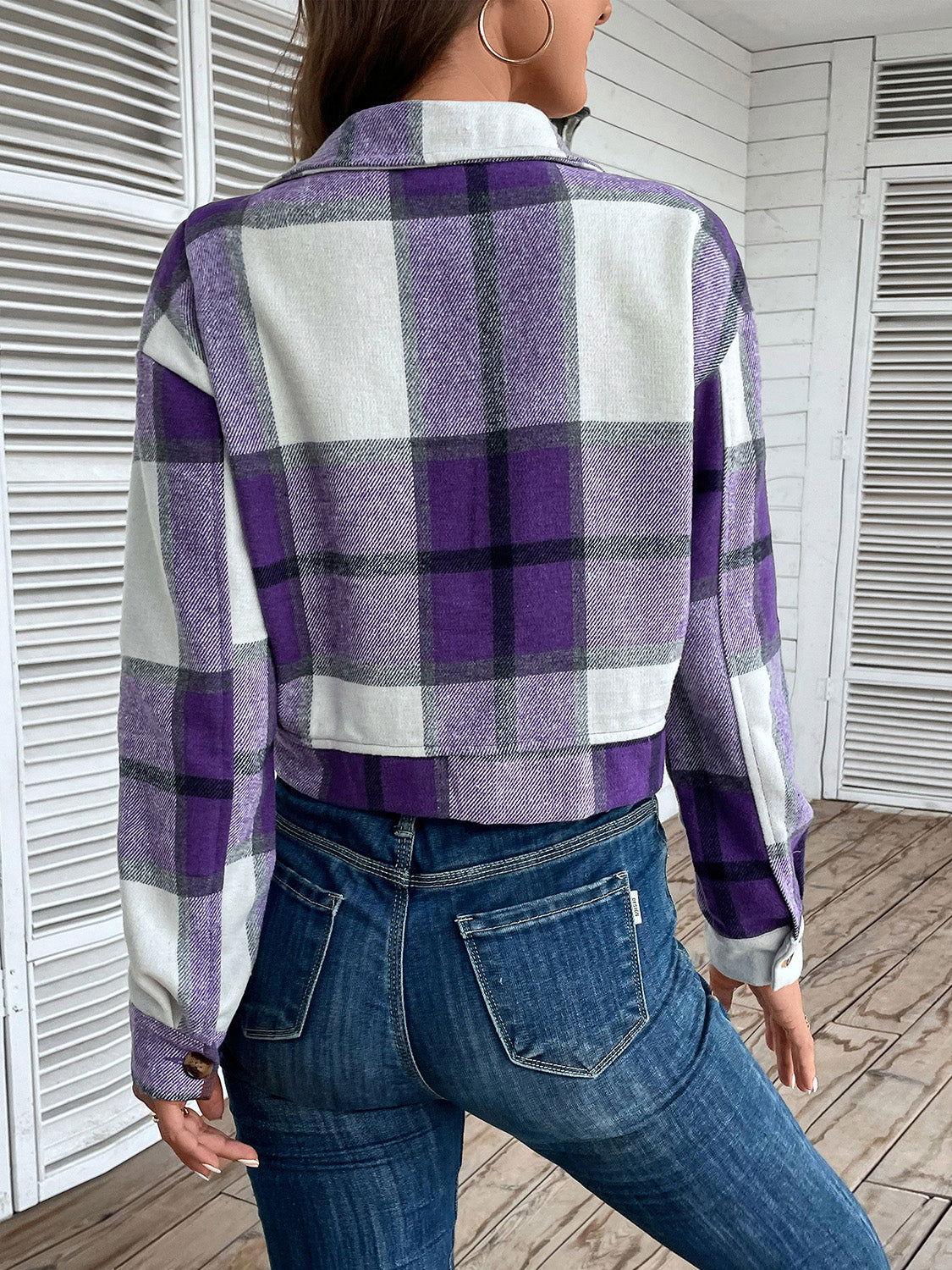 Perfee Plaid Button Up Drop Shoulder Cropped Jacket - Clothes For Her Online Store