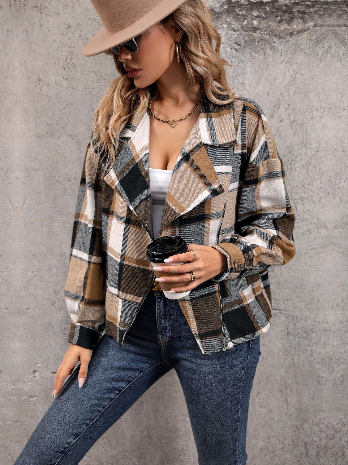Perfee Plaid Collared Neck Long Sleeve Jacket - Clothes For Her Online Store