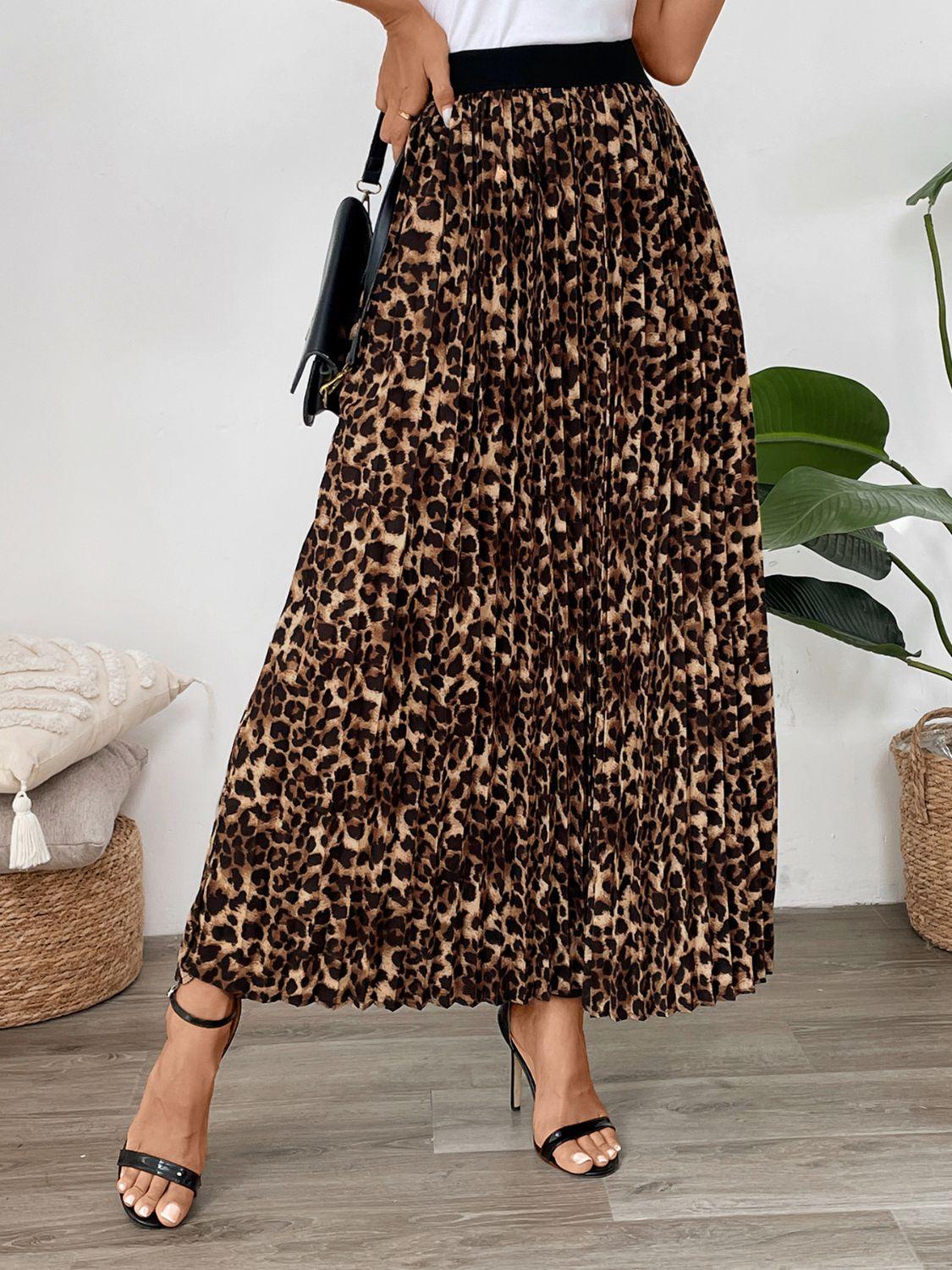 Perfee Pleated Leopard Maxi Skirt - Clothes For Her Online Store