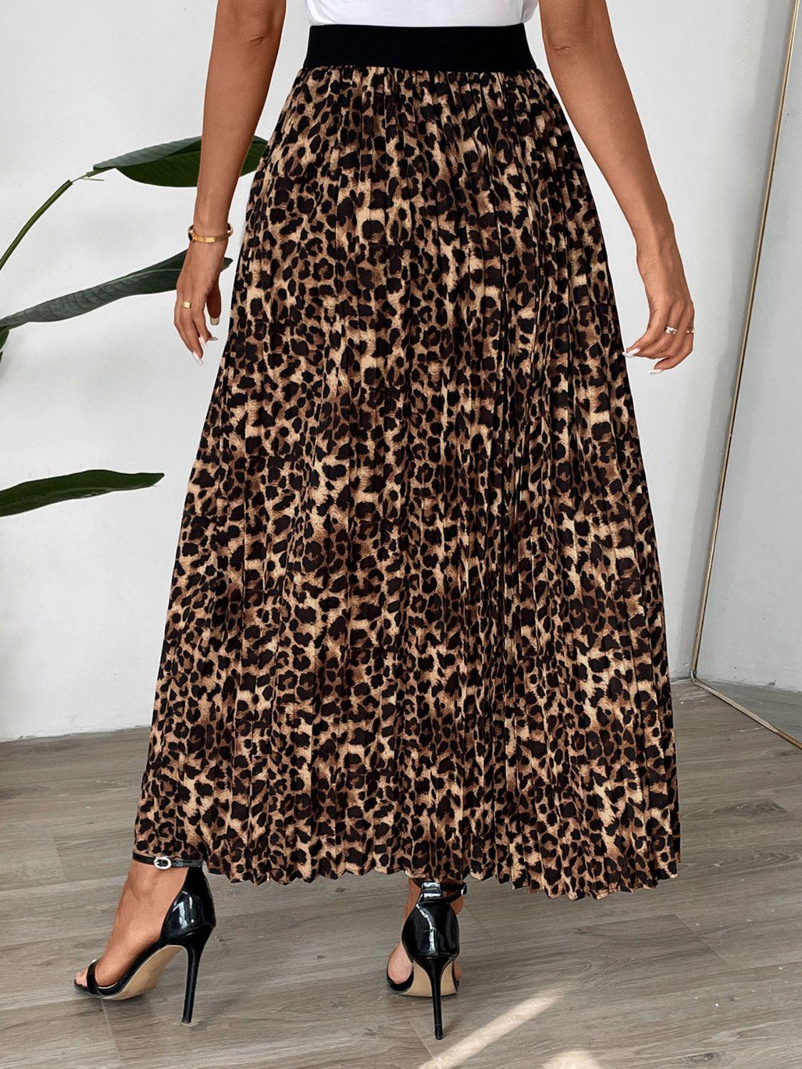 Perfee Pleated Leopard Maxi Skirt - Clothes For Her Online Store