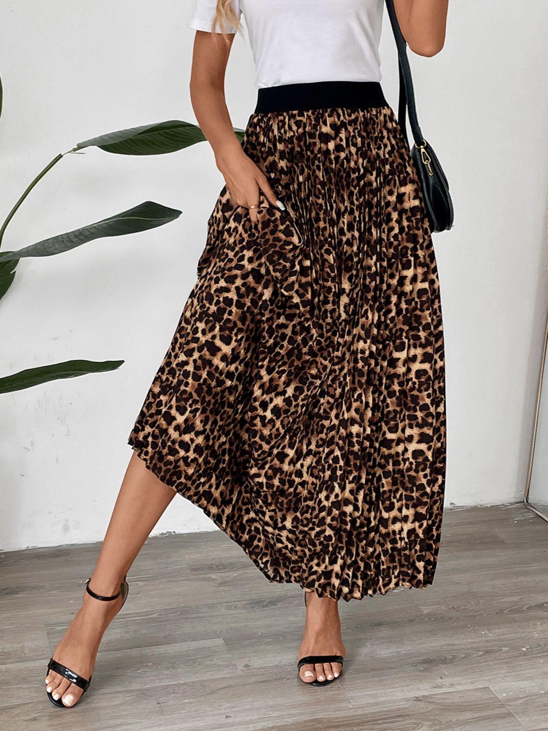 Perfee Pleated Leopard Maxi Skirt - Clothes For Her Online Store