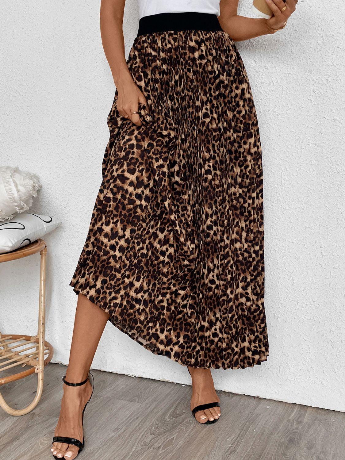 Perfee Pleated Leopard Maxi Skirt - Clothes For Her Online Store