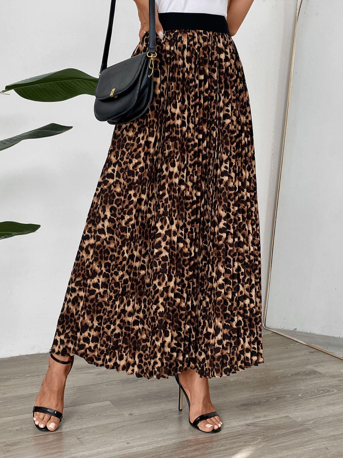 Perfee Pleated Leopard Maxi Skirt - Clothes For Her Online Store
