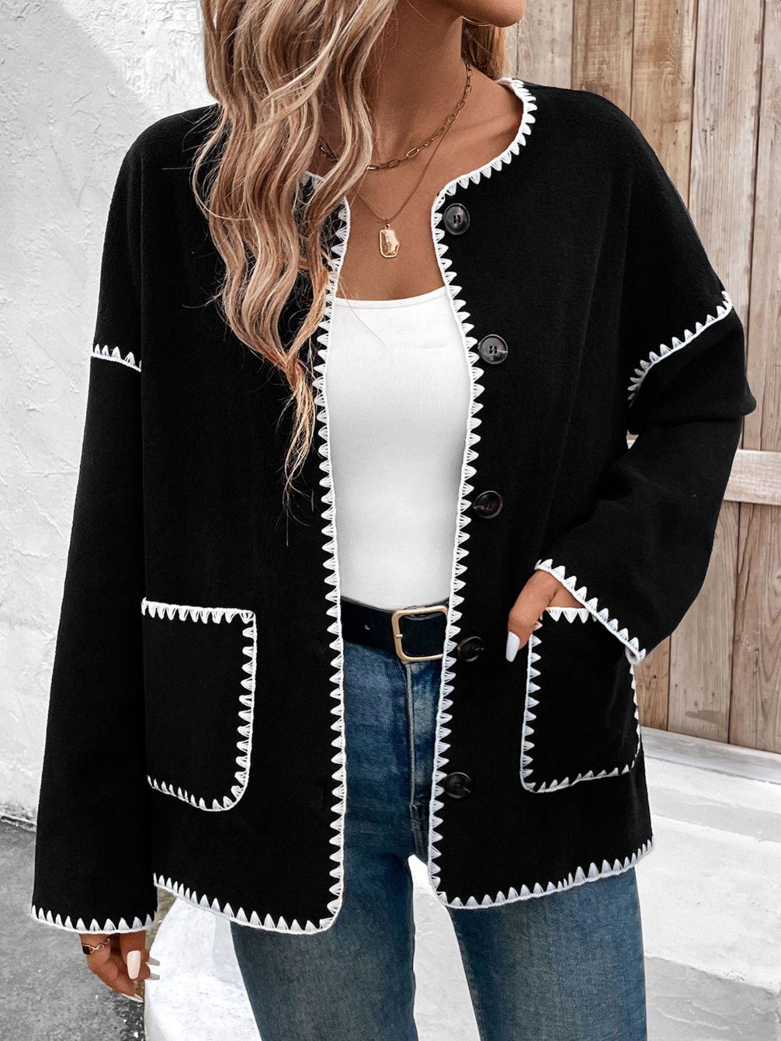 Perfee Pocketed Contrast Button Up Jacket - Clothes For Her Online Store
