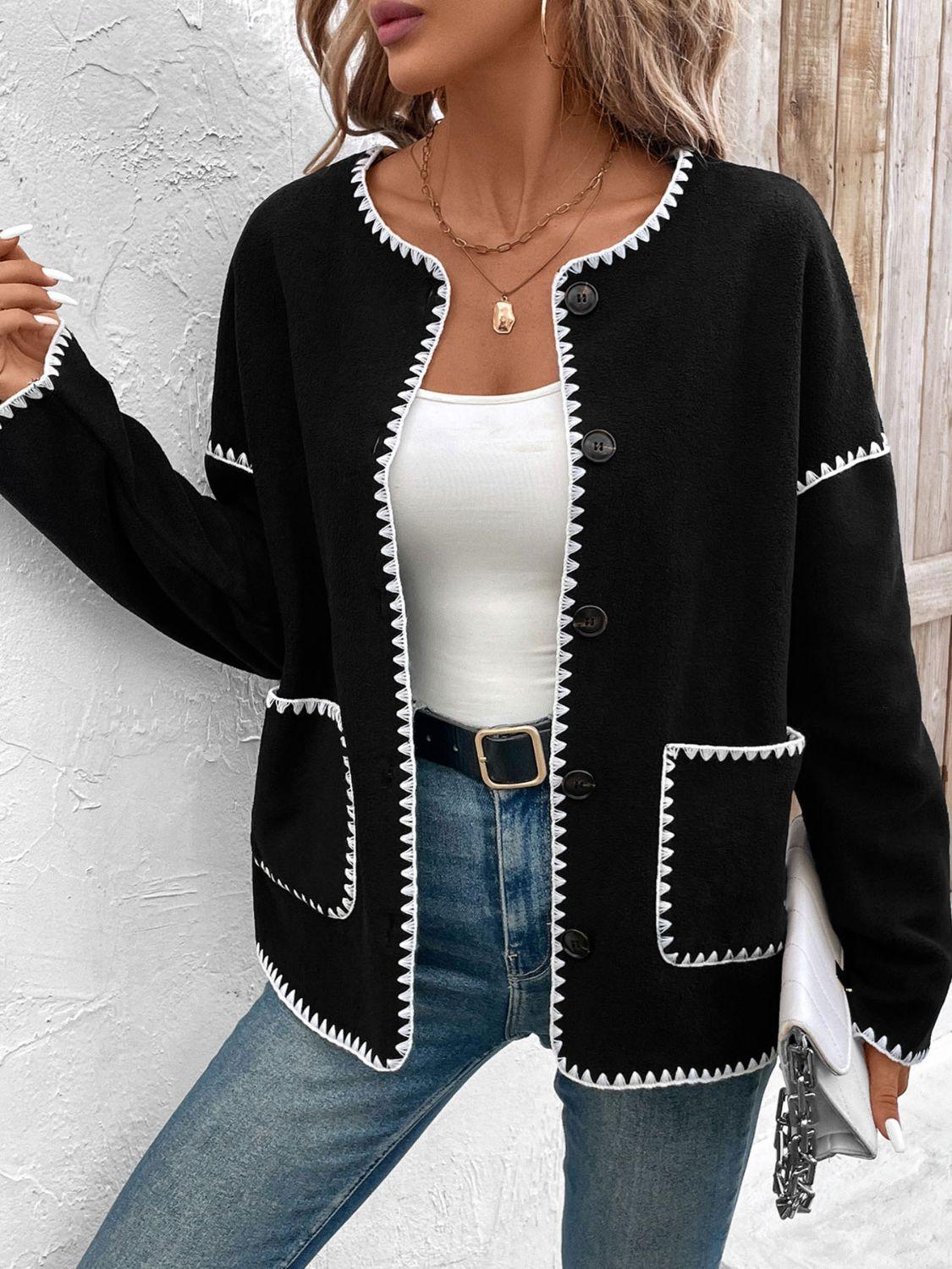 Perfee Pocketed Contrast Button Up Jacket - Clothes For Her Online Store