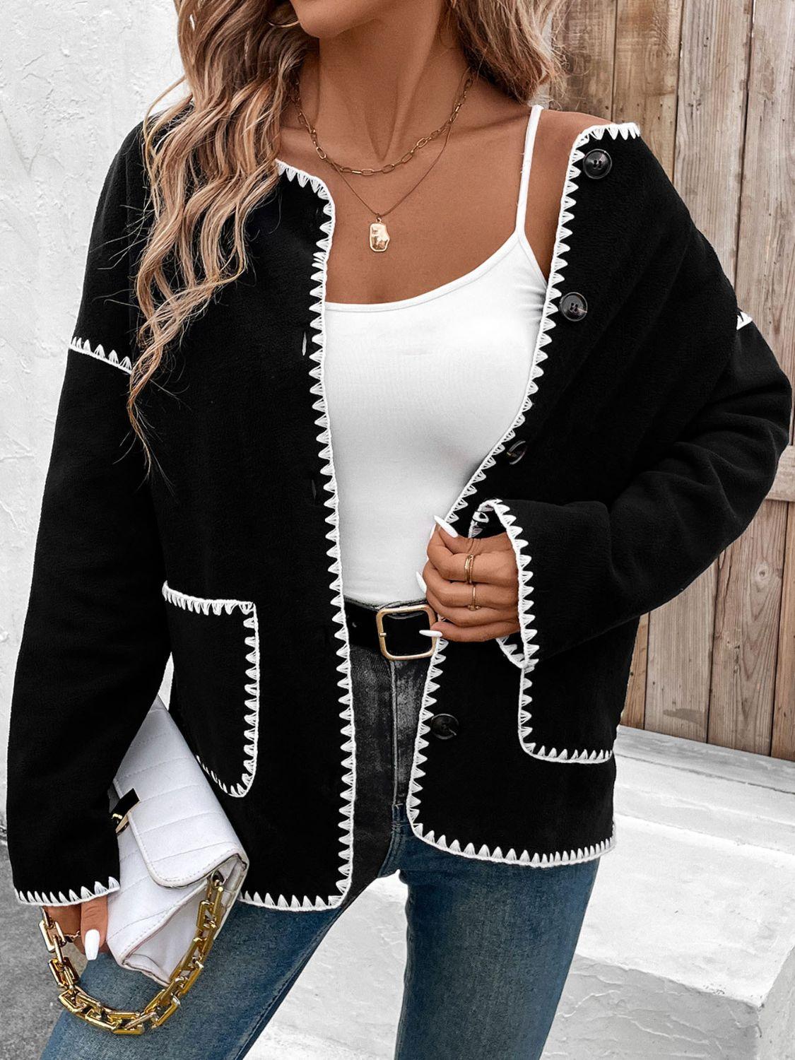 Perfee Pocketed Contrast Button Up Jacket - Clothes For Her Online Store