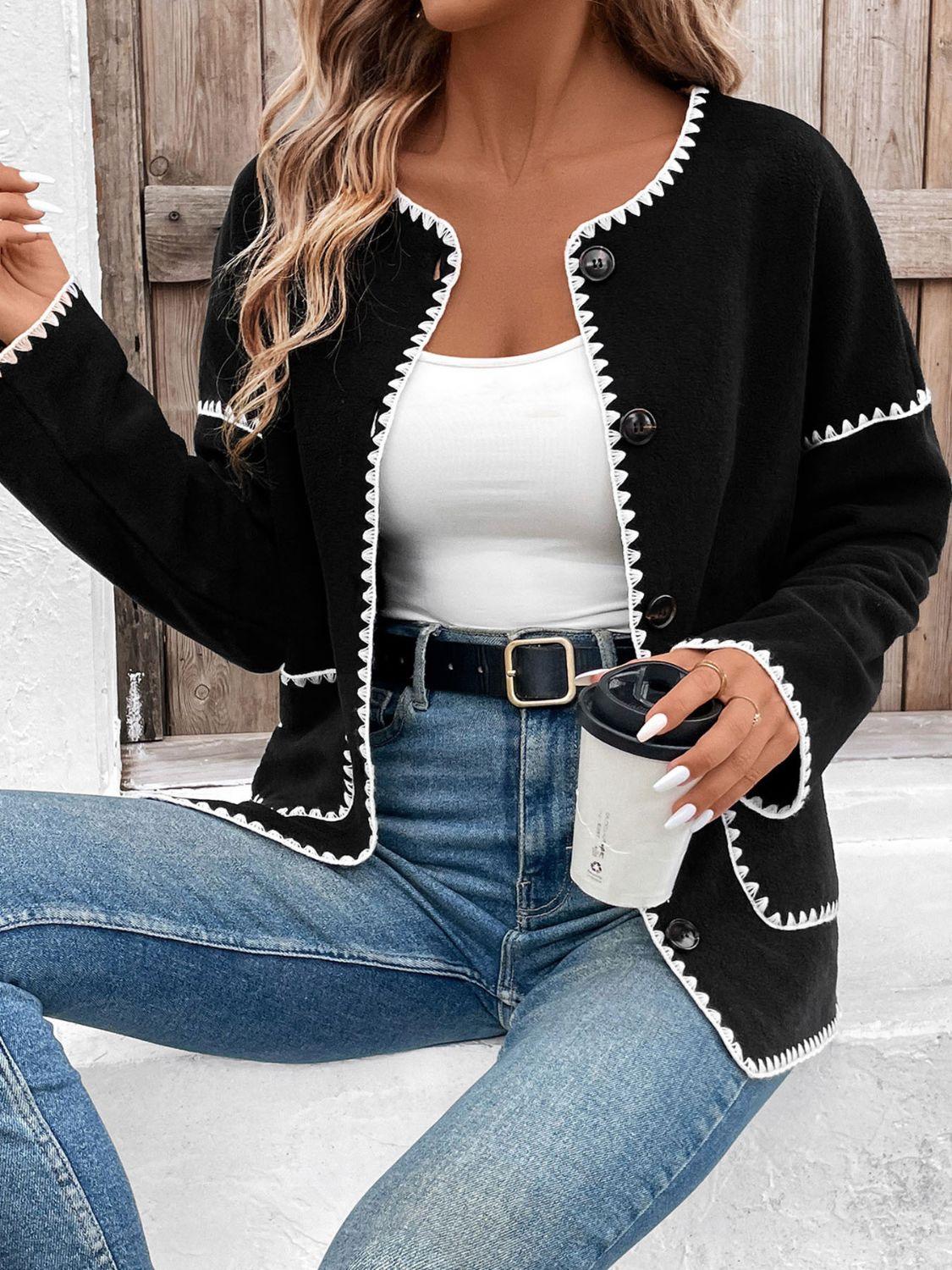 Perfee Pocketed Contrast Button Up Jacket - Clothes For Her Online Store
