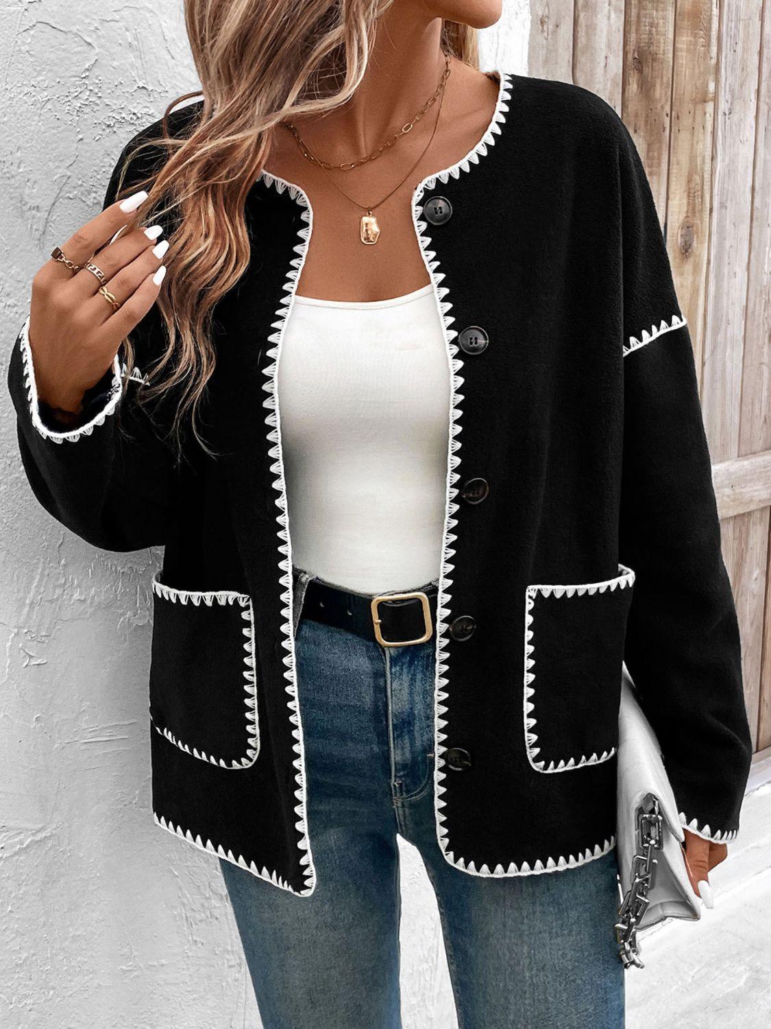 Perfee Pocketed Contrast Button Up Jacket - Clothes For Her Online Store