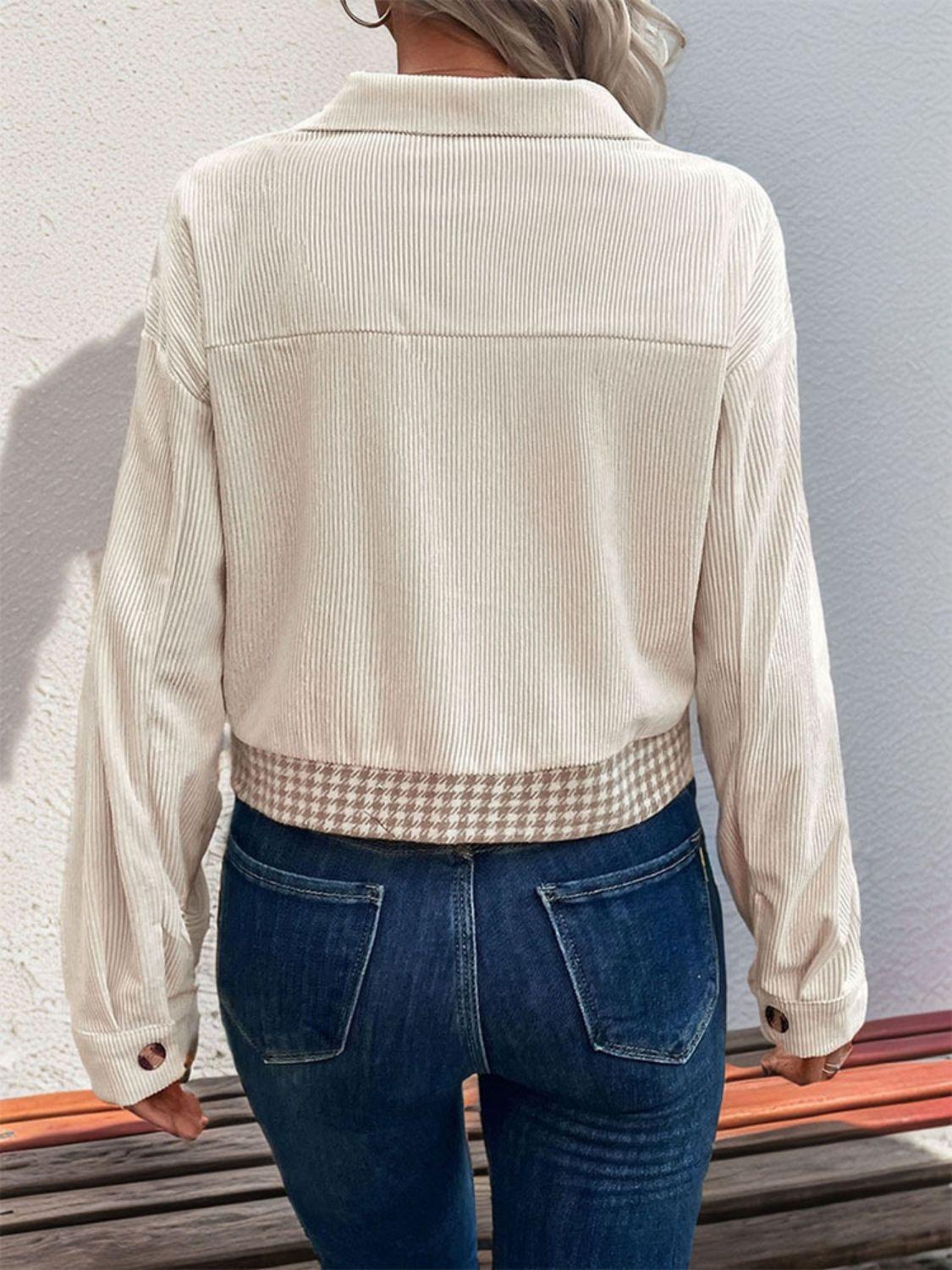 Perfee Pocketed Houndstooth Long Sleeve Jacket - Clothes For Her Online Store