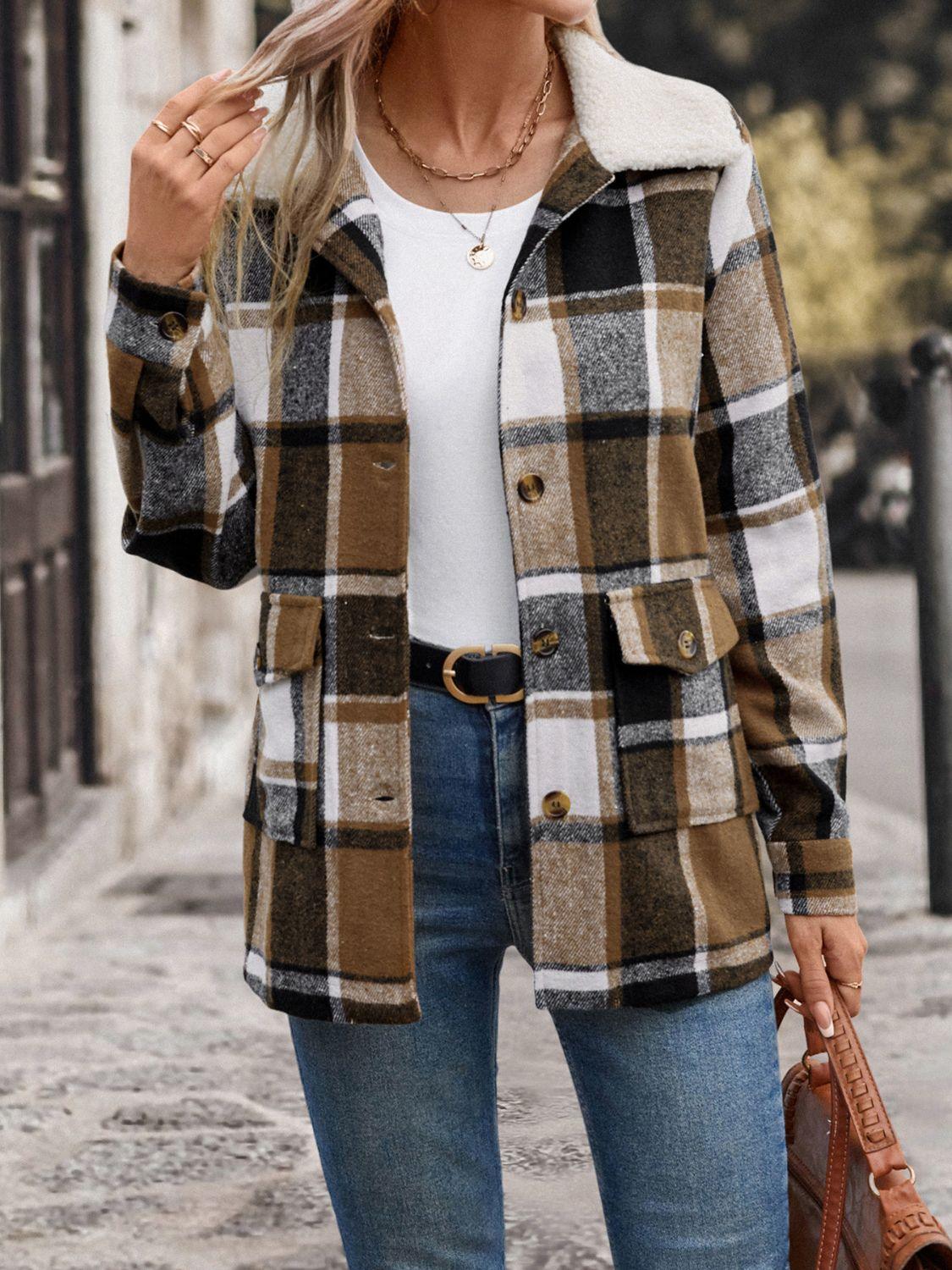 Perfee Pocketed Plaid Button Up Collared Neck Jacket - Clothes For Her Online Store