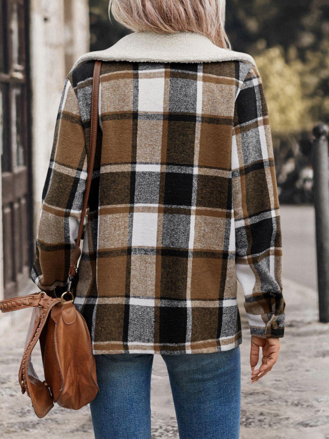 Perfee Pocketed Plaid Button Up Collared Neck Jacket - Clothes For Her Online Store