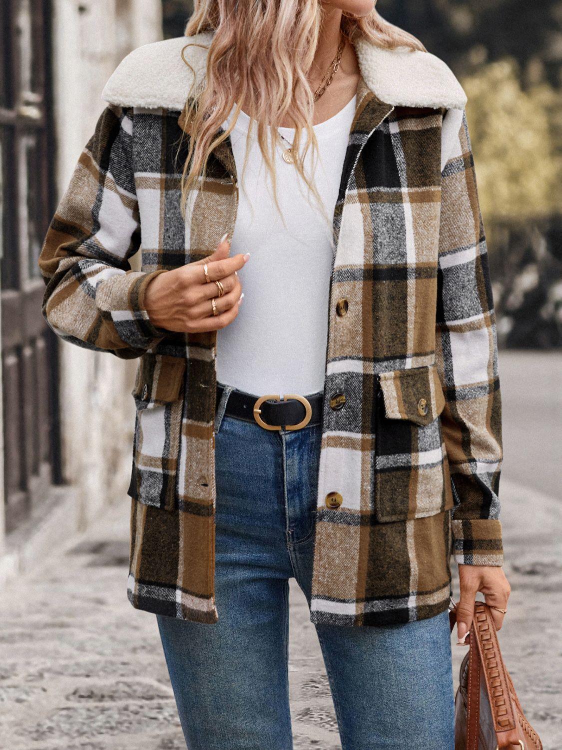 Perfee Pocketed Plaid Button Up Collared Neck Jacket - Clothes For Her Online Store