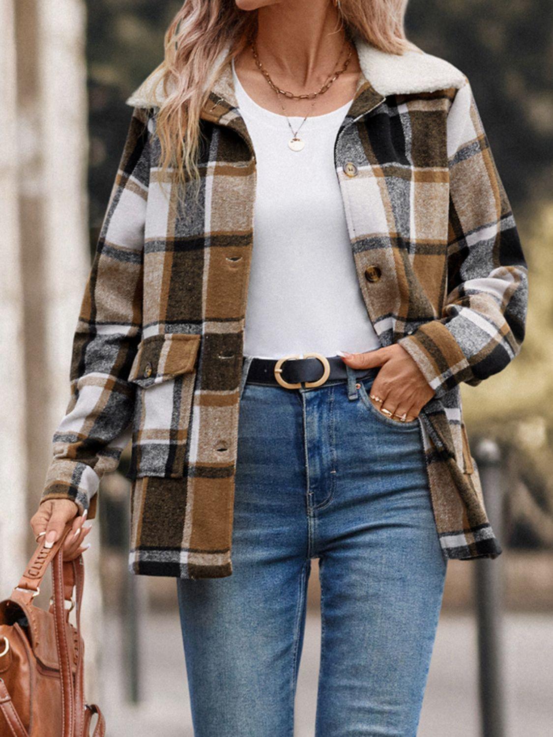 Perfee Pocketed Plaid Button Up Collared Neck Jacket - Clothes For Her Online Store