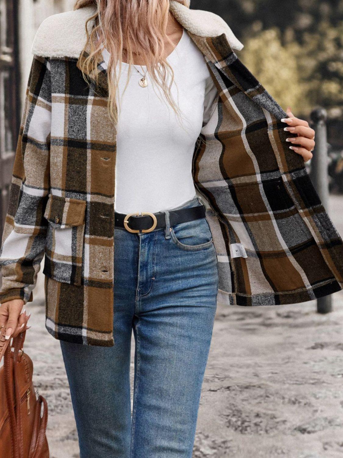 Perfee Pocketed Plaid Button Up Collared Neck Jacket - Clothes For Her Online Store