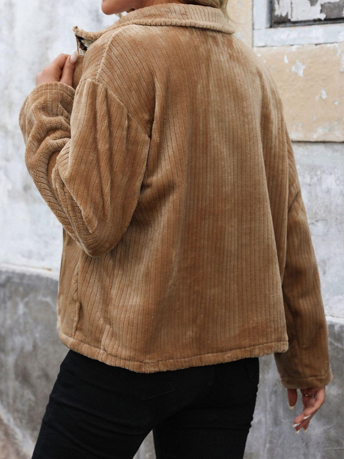 Perfee Pocketed Zip Up Collared Neck Long Sleeve Jacket - Clothes For Her Online Store