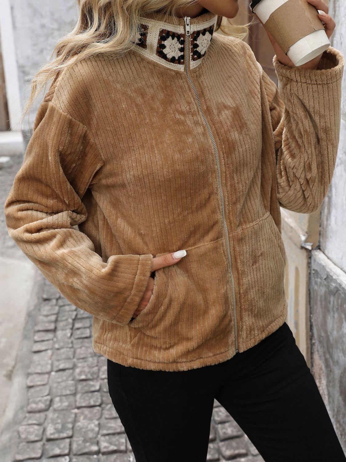 Perfee Pocketed Zip Up Collared Neck Long Sleeve Jacket - Clothes For Her Online Store
