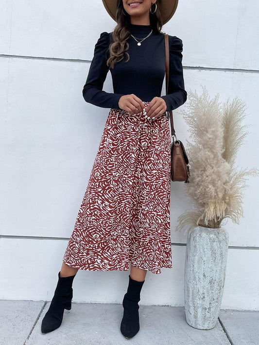 Perfee Printed Mock Neck Puff Sleeve Midi Dress