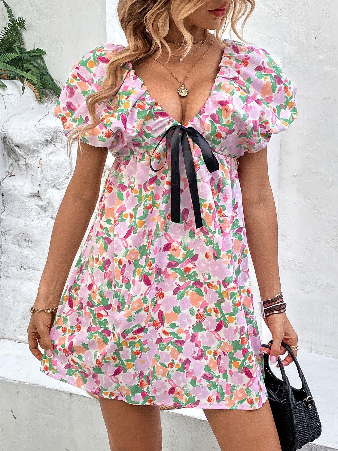 Perfee Printed V-Neck Puff Sleeve Mini Dress