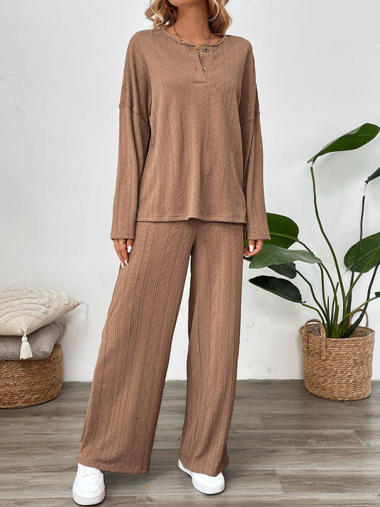 Perfee Quarter Button Long Sleeve Top and Pants Set - Clothes For Her Online Store