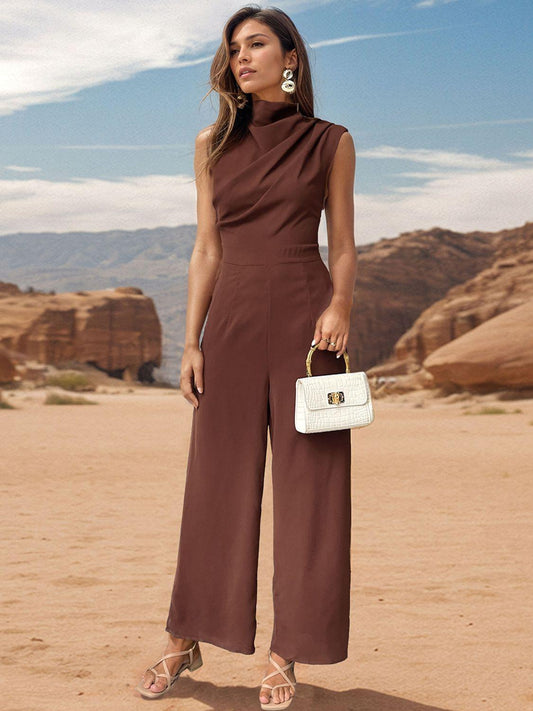 Perfee Ruched Mock Neck Sleeveless Jumpsuit - Clothes For Her Online Store