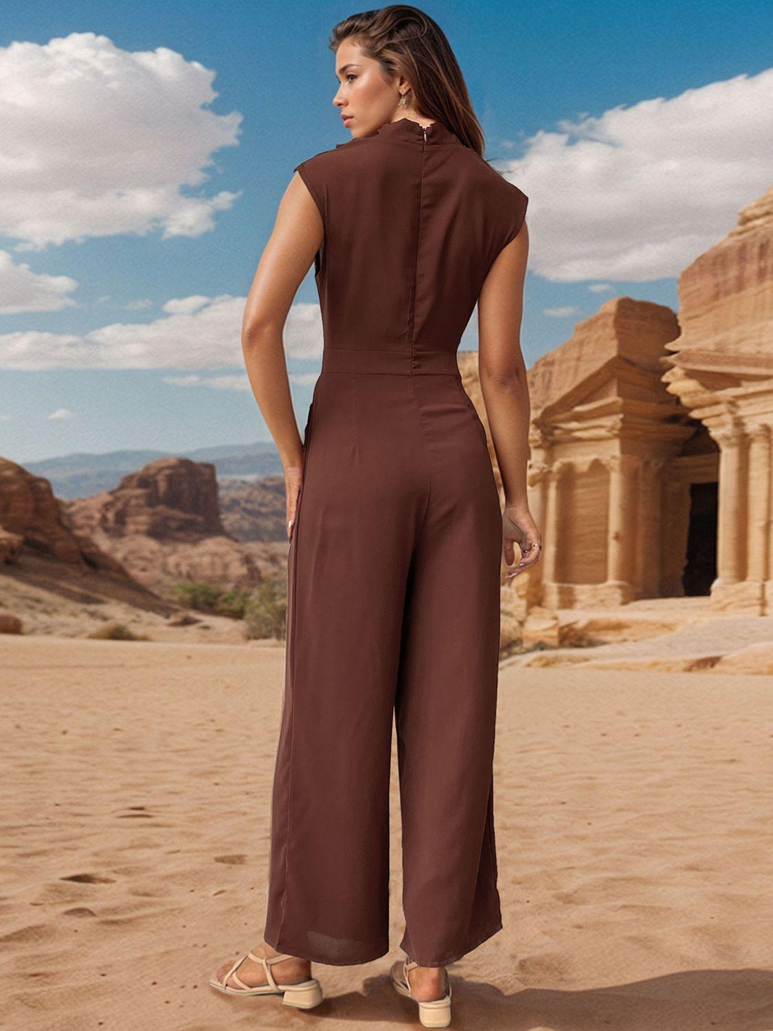 Perfee Ruched Mock Neck Sleeveless Jumpsuit - Clothes For Her Online Store