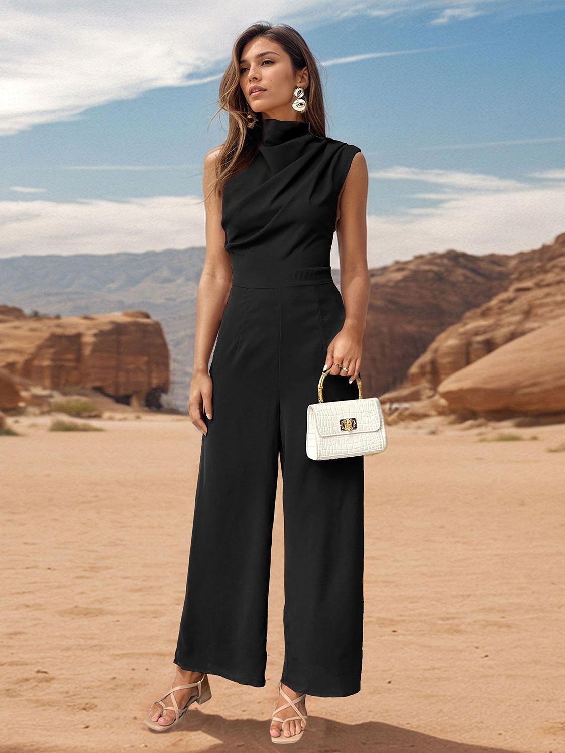 Perfee Ruched Mock Neck Sleeveless Jumpsuit - Clothes For Her Online Store
