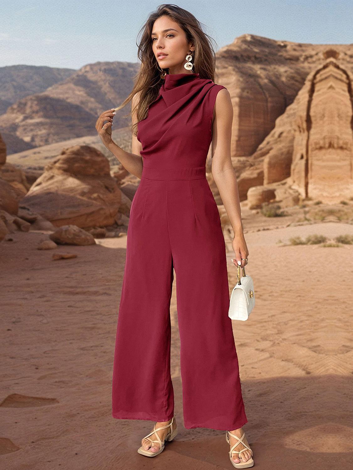 Perfee Ruched Mock Neck Sleeveless Jumpsuit - Clothes For Her Online Store