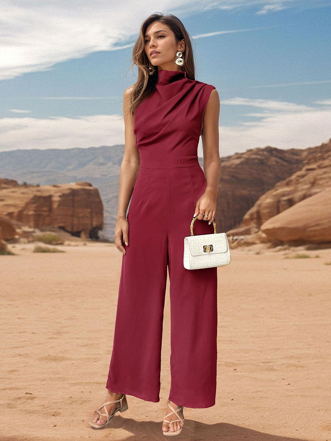 Perfee Ruched Mock Neck Sleeveless Jumpsuit - Clothes For Her Online Store