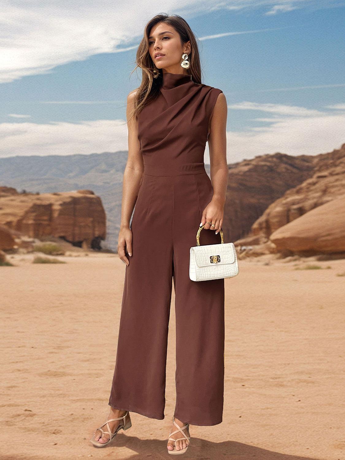 Perfee Ruched Mock Neck Sleeveless Jumpsuit - Clothes For Her Online Store