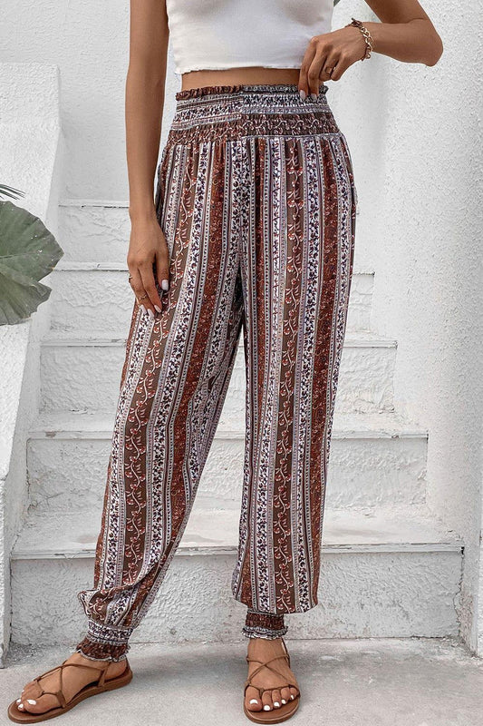 Perfee Smocked Printed High Waist Pants - Clothes For Her Online Store