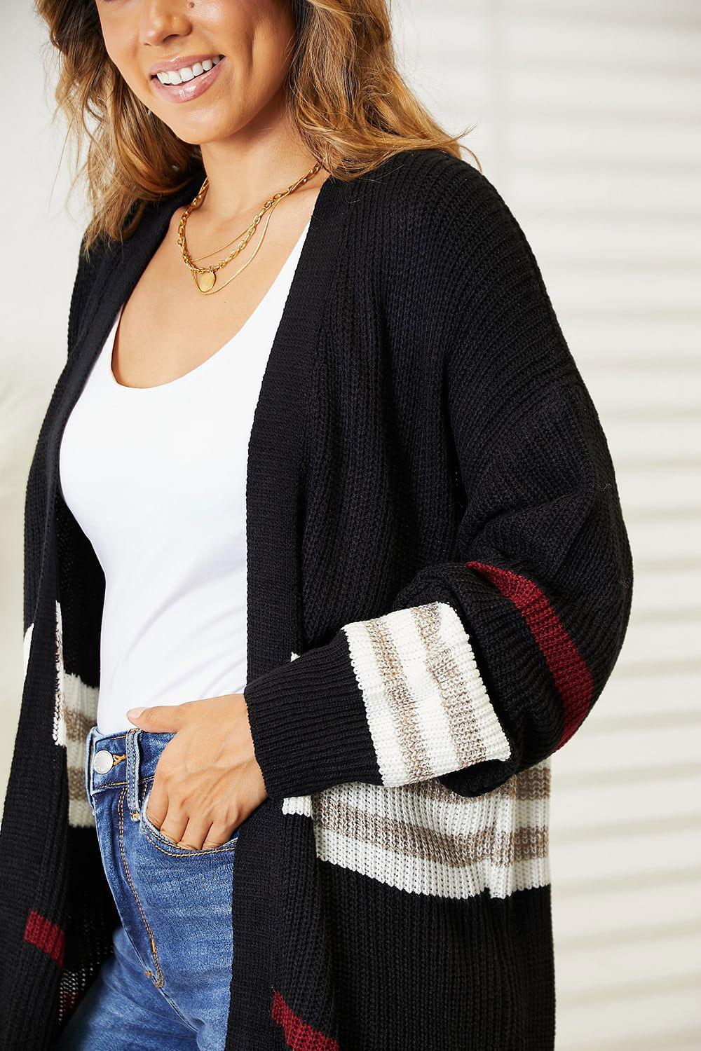 Perfee Striped Rib-Knit Drop Shoulder Open Front Cardigan - Clothes For Her Online Store