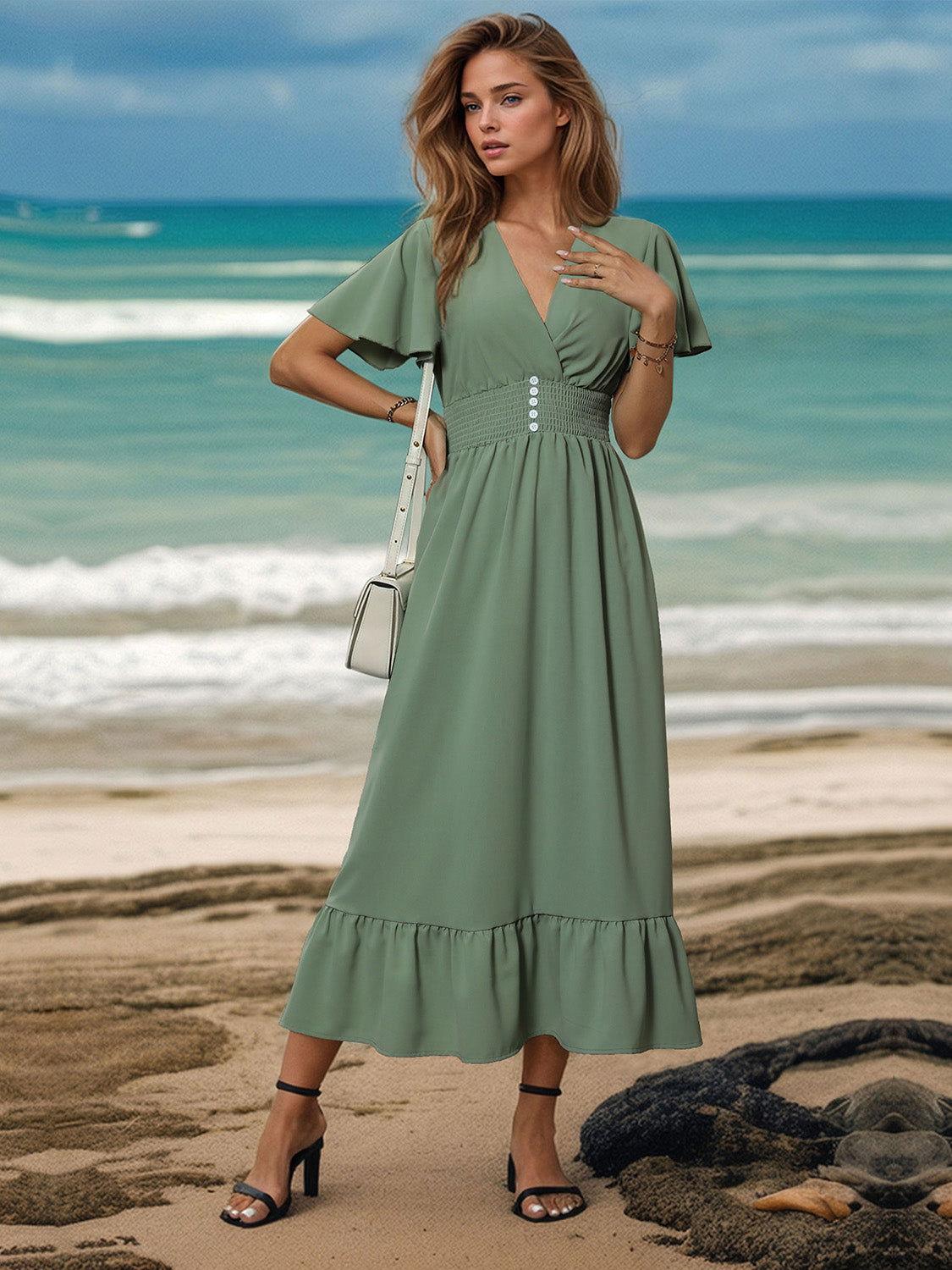 Perfee Surplice Flutter Sleeve Midi Dress