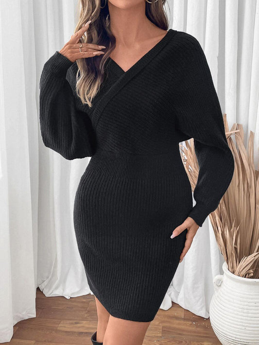 Perfee Surplice Long Sleeve Sweater Dress - Clothes For Her Online Store