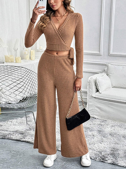 Perfee Surplice Long Sleeve Top and Pants Set - Clothes For Her Online Store