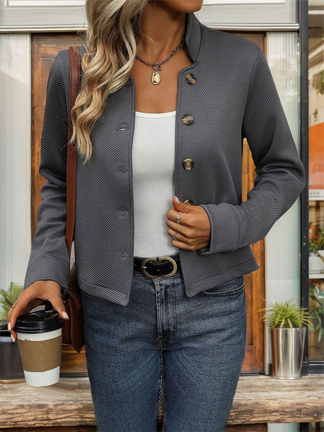 Perfee Textured Button Up Long Sleeve Jacket - Clothes For Her Online Store