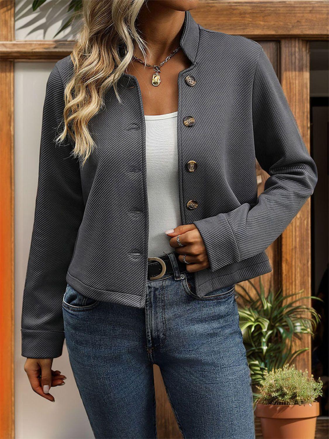 Perfee Textured Button Up Long Sleeve Jacket - Clothes For Her Online Store