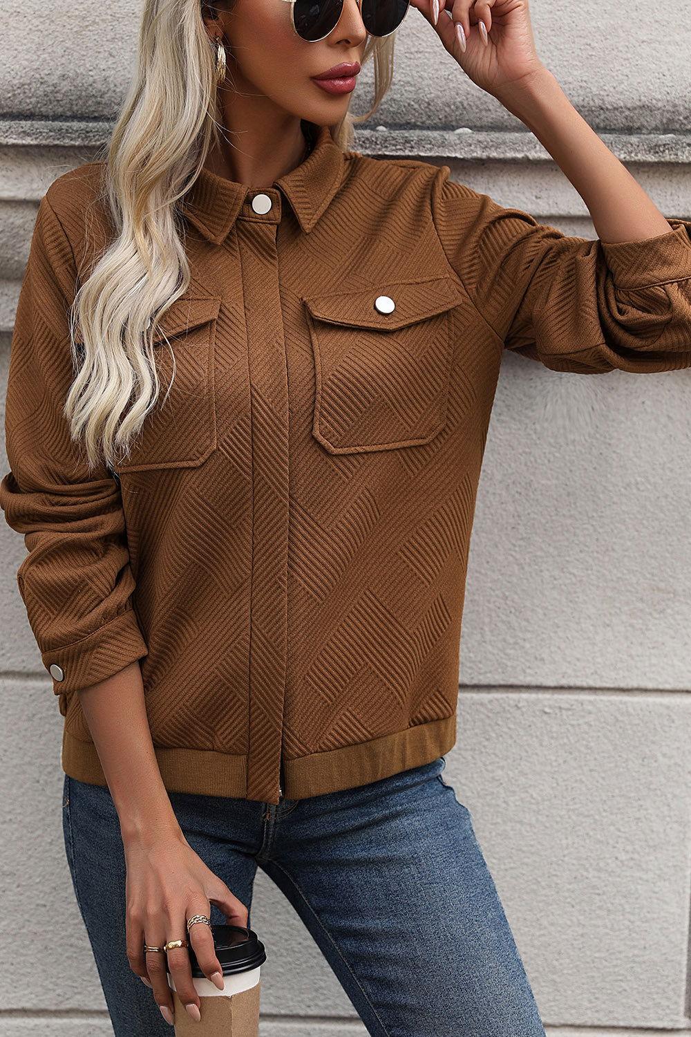 Perfee Textured Zip Up Collared Neck Jacket - Clothes For Her Online Store