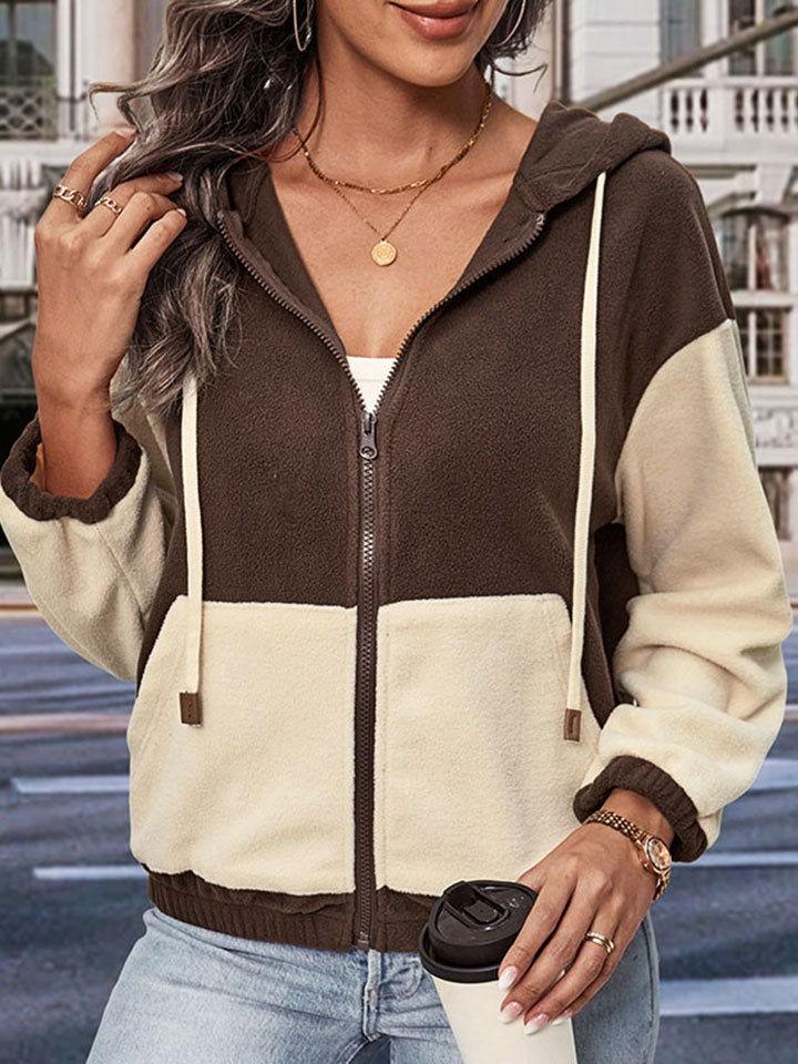 Perfee Two-Tone Zip-Up Dropped Shoulder Hooded Jacket - Clothes For Her Online Store