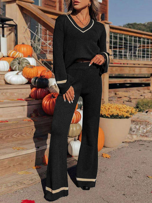 Perfee V-Neck Long Sleeve Top and Pants Set - Clothes For Her Online Store