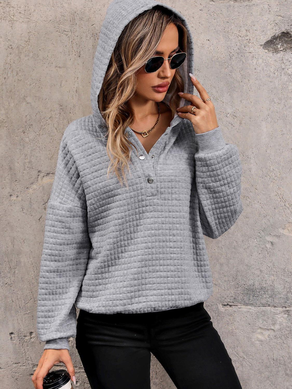 Perfee Waffle-Knit Half Button Hoodie - Clothes For Her Online Store