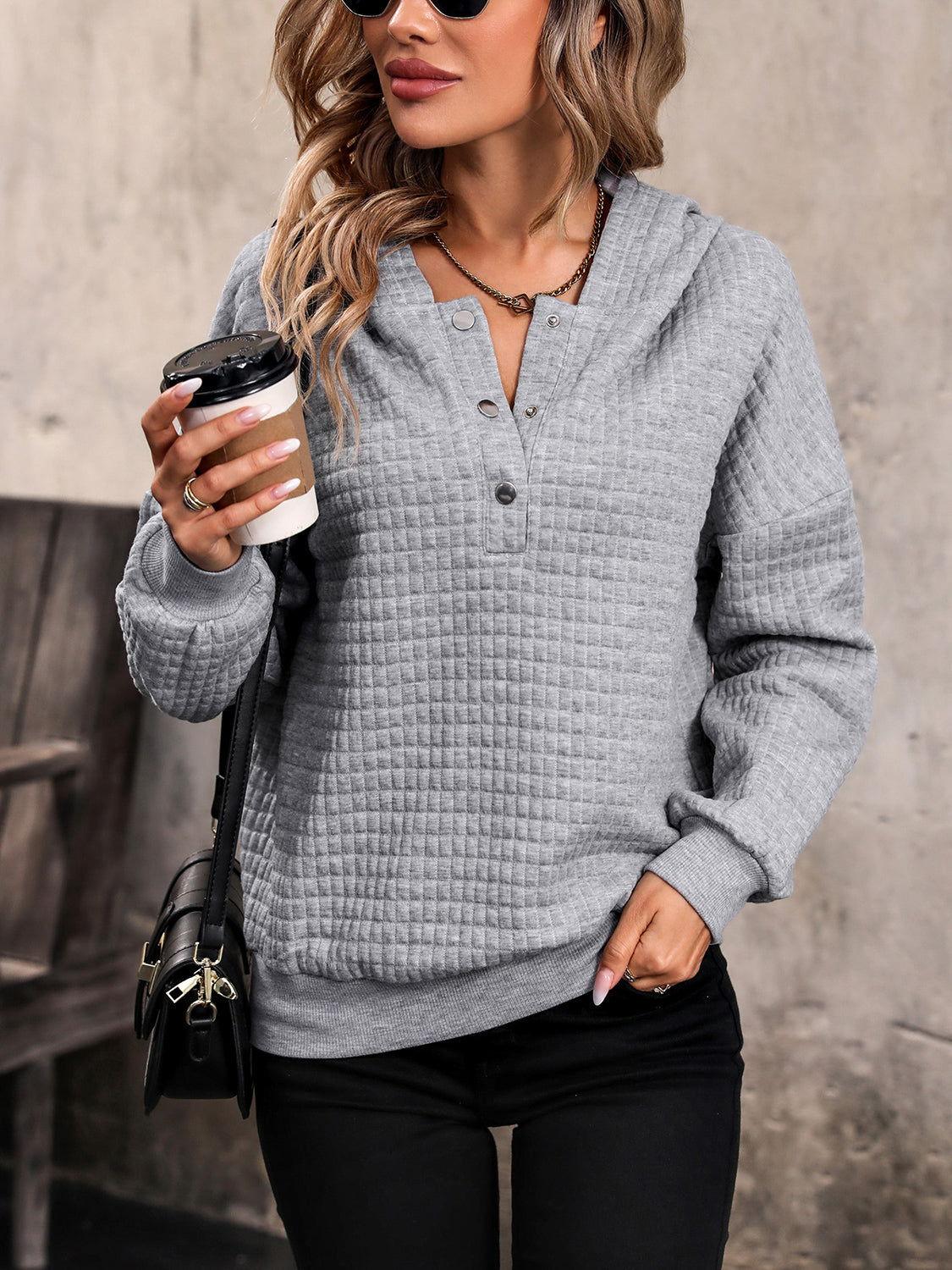 Perfee Waffle-Knit Half Button Hoodie - Clothes For Her Online Store