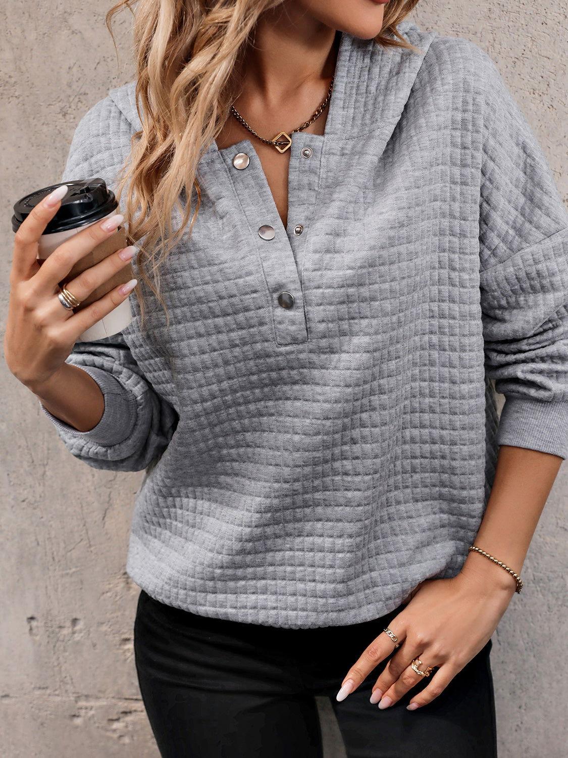 Perfee Waffle-Knit Half Button Hoodie - Clothes For Her Online Store