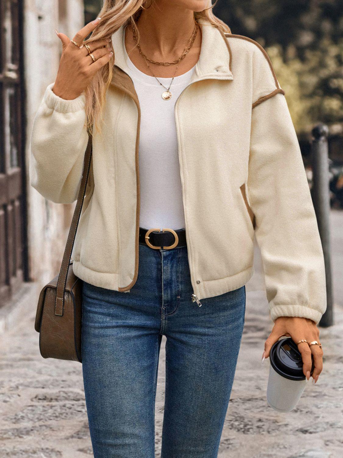 Perfee Zip Up Dropped Shoulder Polar Fleece Jacket - Clothes For Her Online Store