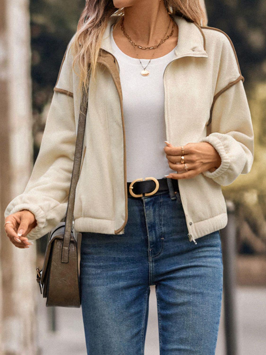Perfee Zip Up Dropped Shoulder Polar Fleece Jacket - Clothes For Her Online Store