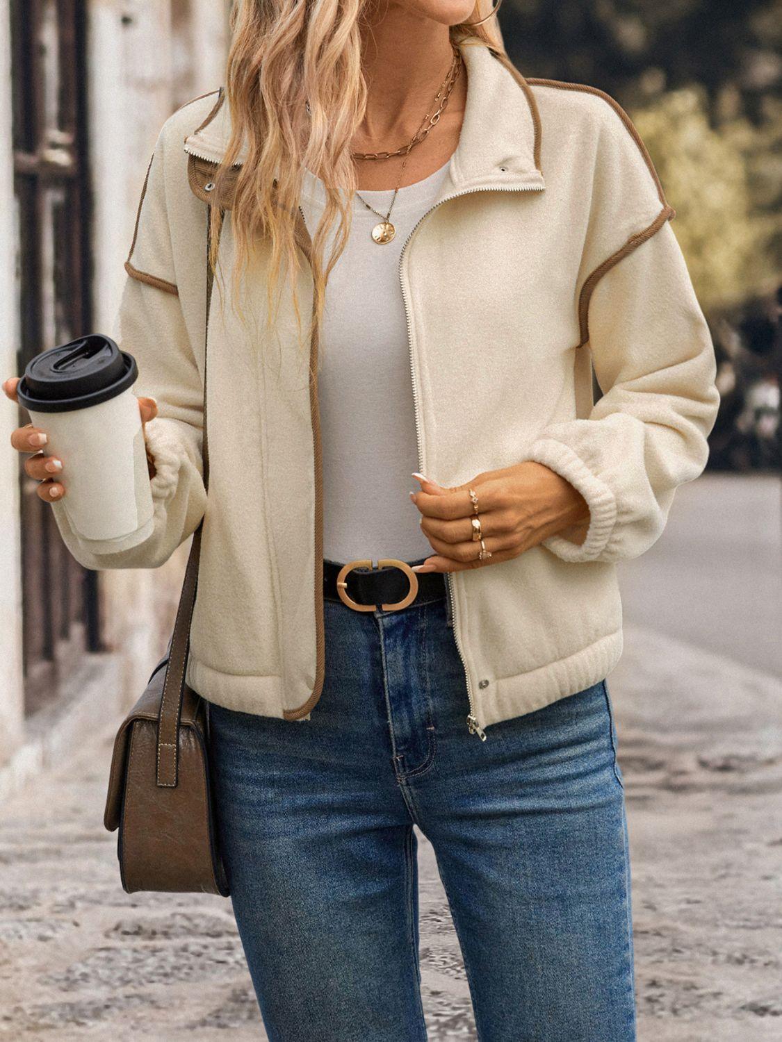 Perfee Zip Up Dropped Shoulder Polar Fleece Jacket - Clothes For Her Online Store