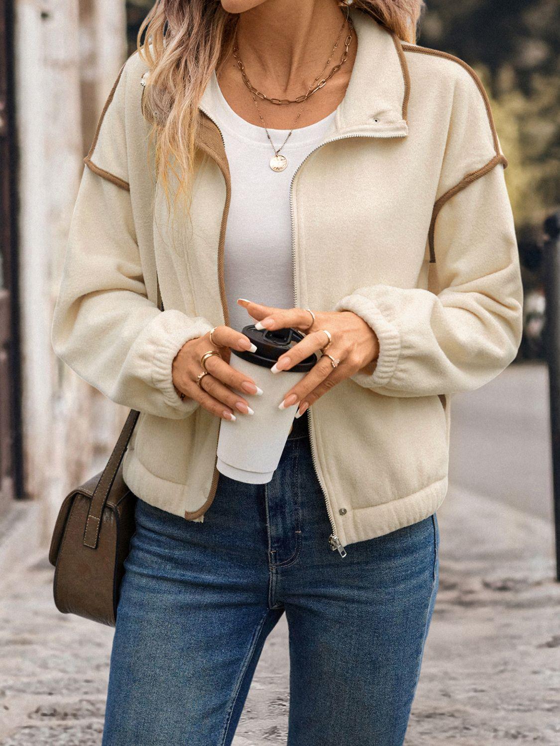 Perfee Zip Up Dropped Shoulder Polar Fleece Jacket - Clothes For Her Online Store