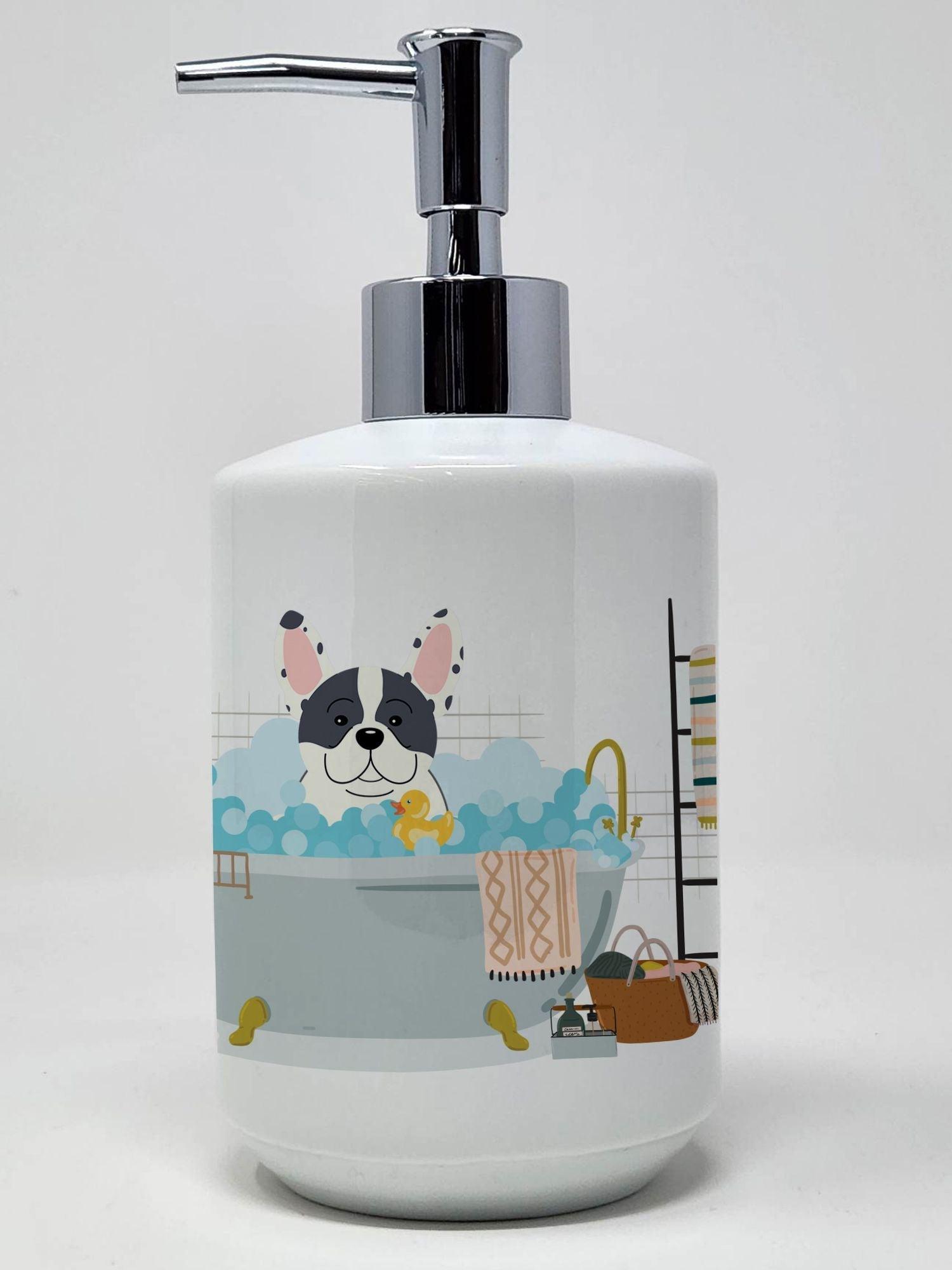 Piebald French Bulldog in Bathtub Ceramic Soap Dispenser Hand Soap Dispenser Pump Bottles for Bathroom Kitchen, Empty Refillable Liquid Soap Container - Clothes For Her Online Store