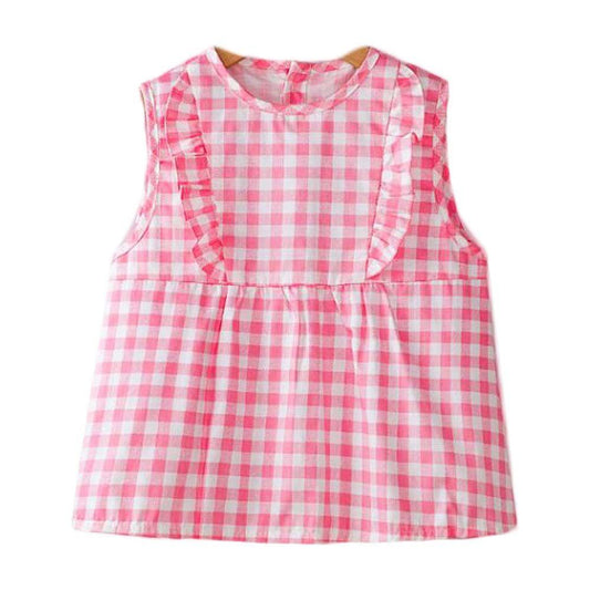 Pink Grid Baby's Inner Waterproof Apron Eating Smock Girl's Princess Smock Sleeveless Bib - Clothes For Her Online Store