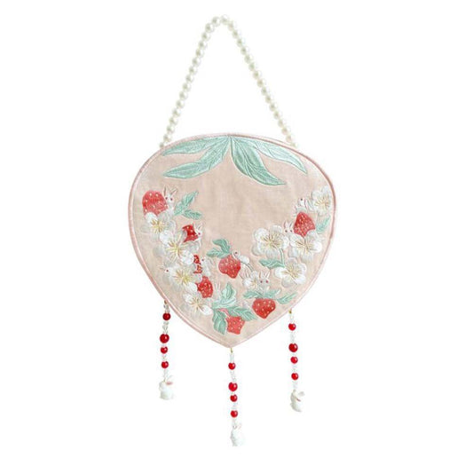 Pink Vintage Hanfu Embroidery Bag Strawberry Handmade Shoulder Crossbody Bag Cellphone Bag Round Handbag - Clothes For Her Online Store